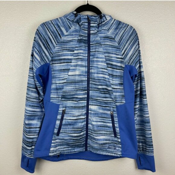 Marmot Muse Jacket Women's‎ M Hooded Full Zip Striped Blue Lavender Wind Breaker - Picture 3 of 14